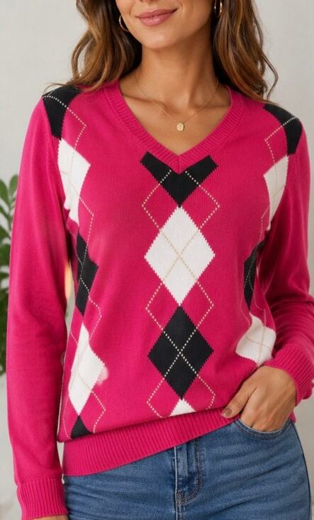 Izod Golf Sweaters - IZOD Golf Argyle V-Neck Sweater Pink Cotton Pullover Women’s Small Size S Preppy